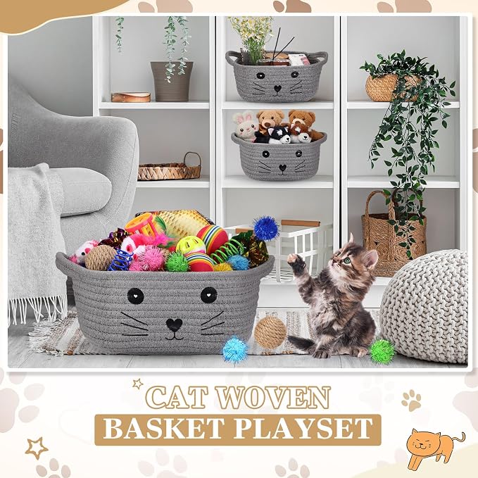 Zopeal 58 Pcs Summer Cat Storage Basket Gift Toys Set, Colorful Flashing Balls Pet Bell Crinkle Balls Spring Toys Attract Cat to Swat, Hunt, Interactive for Pet(Grey,9.8 Inch)