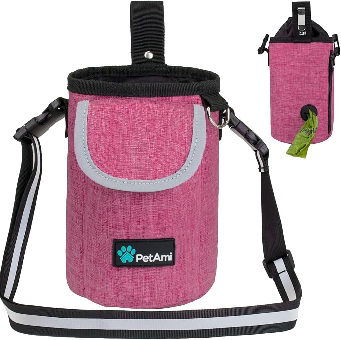 PetAmi Dog Treat Pouch, Large Hands-Free Training Bag, Pink | Built-In Poop Bag Dispenser, Holds 3 Cups Of Treats, 4 Ways to Wear, D-Ring, Reflective Strap, Dog Treat Bag for Walking