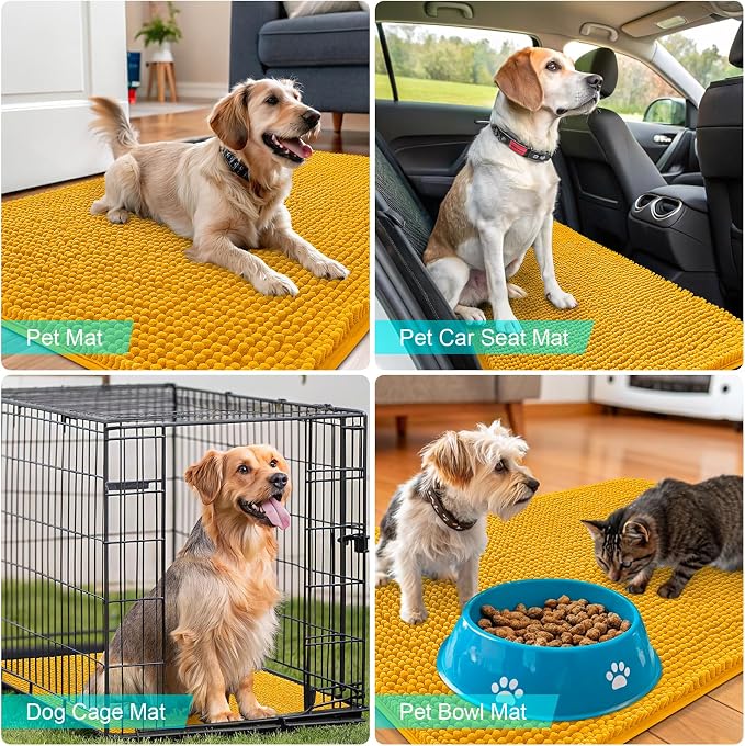 OLANLY Dog Door Mat for Muddy Paws 35x24, Super Absorbent Chenille Mud Mat | Golden Yellow, Absorbs Moisture and Dirt, Non-Slip Machine Washable Doormat, Quick-Dry Indoor Entryway Floor Carpet for Dogs