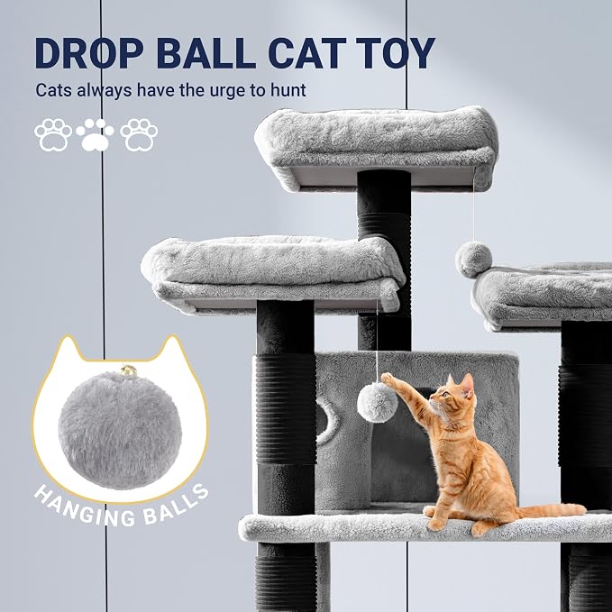Allewie 68 Inches Cat Tree/House and Towers for Big Feline/Scratching Post/Multi-Level Large Kitty Climbing Tree with Condo/Black & Grey