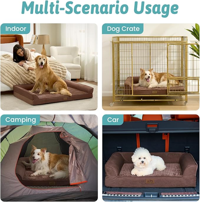 COZY KISS Orthopedic Large Dog Beds, Bolster Pet Couch with Waterproof Lining, Egg Crate Foam Sofa for Pets Up to 65 lbs, U-Shaped, 36x27x6.5 inch, Brown