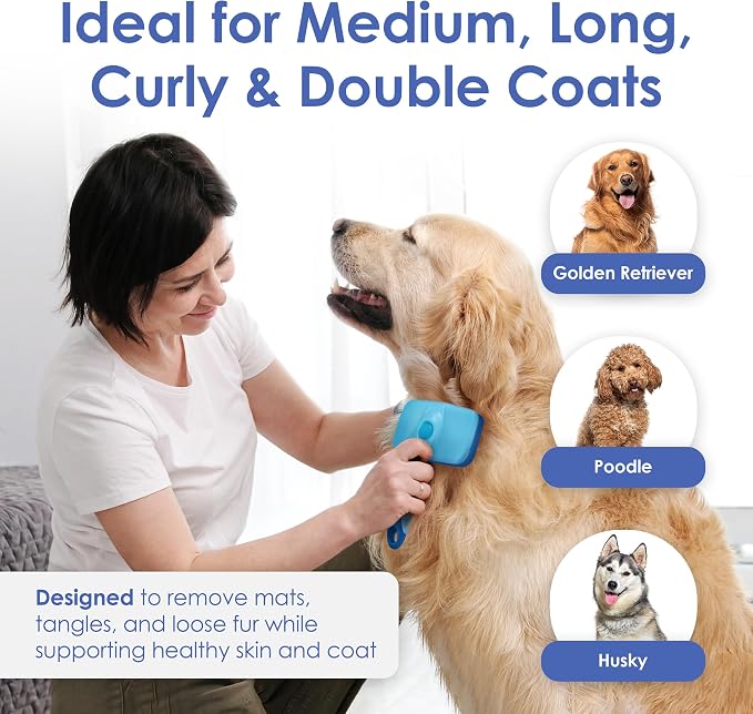 AKC Self-Cleaning Slicker Brush for Dogs & Cats, All Coat Types | Skin-friendly deshedding brush removes loose hair, mats and tangles with an easy-clean design.