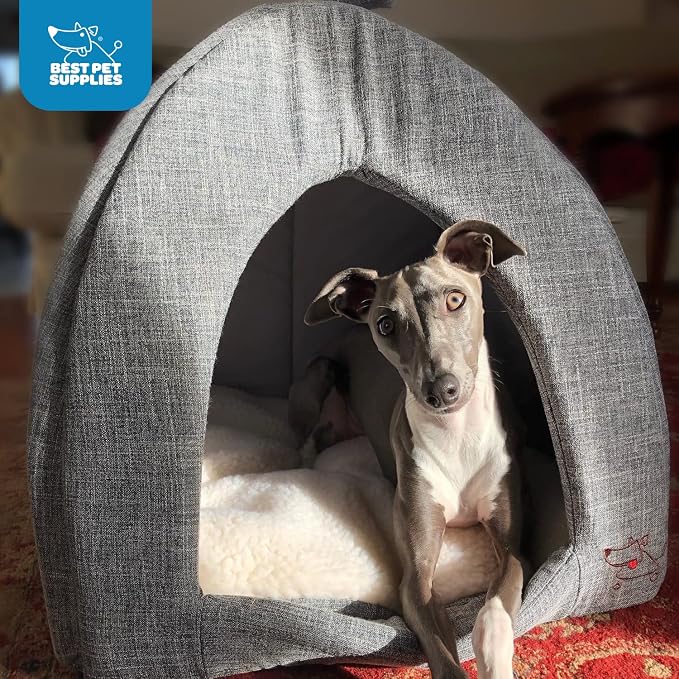 Best Pet Supplies Dog House Bed Crate Mat Tent Indoor Round Soft Plush for Small, Medium, and Large Breeds - Gray Linen, 19 x 19 x H:19"