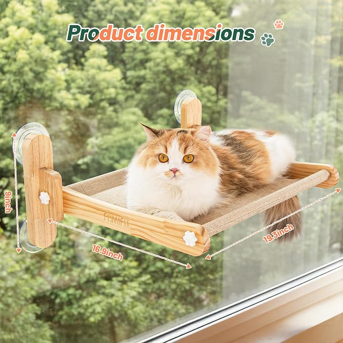 Cat Window Perch, 100% Natural Pine Foldable Cat Window Seat, Cordless Safety Design with 50LBS Weight Capacity, No Drilling Easy Installation for Indoor Cats & Home Decor