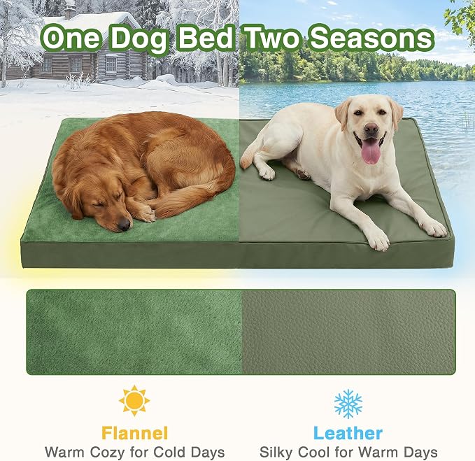 Outdoor Waterproof Dog Beds Large Sized Dog Washable, XL Leather Crate Pad 42 inch, Extra Large Orthopedic Foam Pet Bed with Removable Cover Reversible, Anti-Slip Kennel Pad, 41"x27", Green