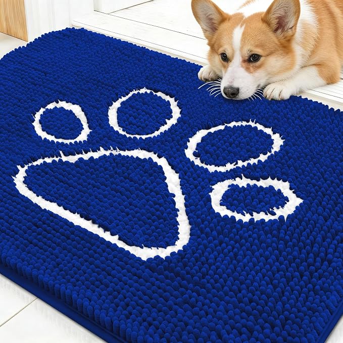 OLANLY Dog Door Mat for Muddy Paws 30x20, Paw Print Design Chenille Mud Mat | Royal Blue, Absorbent, Traps Moisture and Dirt, Non-Slip Washable Doormat, Quick-Drying Indoor Entryway Floor Carpet for Dogs