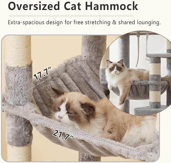Heybly 64.2" Heavy-Duty Cat Tree for Large Cats with Wide Base HCT027W | Indoor Cat Tower with Scratching Posts & Board, Cat Furniture with Big Platforms, Extra-Large Hammock, Light Gray