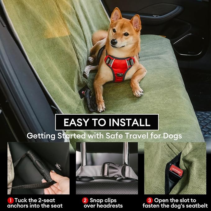 FUNNY FUZZY Dog Car Seat Cover for Back Seat, Back Seat Pet Cover for Dogs Waterproof, Scratchproof Dog Backseat Cover, Non-Slip Bench Car Seat Protector, Universal Fit Most Cars, SUVs, Trucks, Green