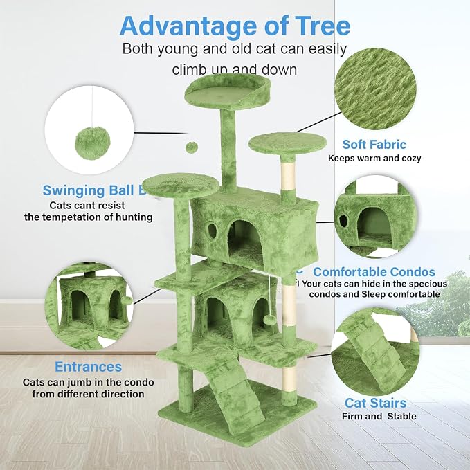 FDW | 54" Cat Tree Tower | Green | Multi-Level Indoor Activity Center with Sisal Scratching Posts, Condos, Plush Perches, Hanging Cat Toys | Sturdy, Easy to Assemble | for Kittens & Adult Cats
