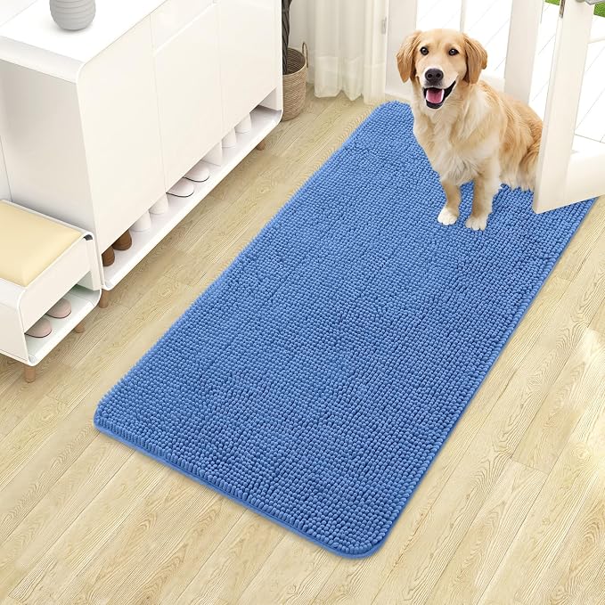 OLANLY Dog Door Mat for Muddy Paws 40x24, Super Absorbent Chenille Mud Mat | Cornflower Blue, Absorbs Moisture and Dirt, Non-Slip Machine Washable Doormat, Quick-Drying Indoor Entryway Carpet for Dogs