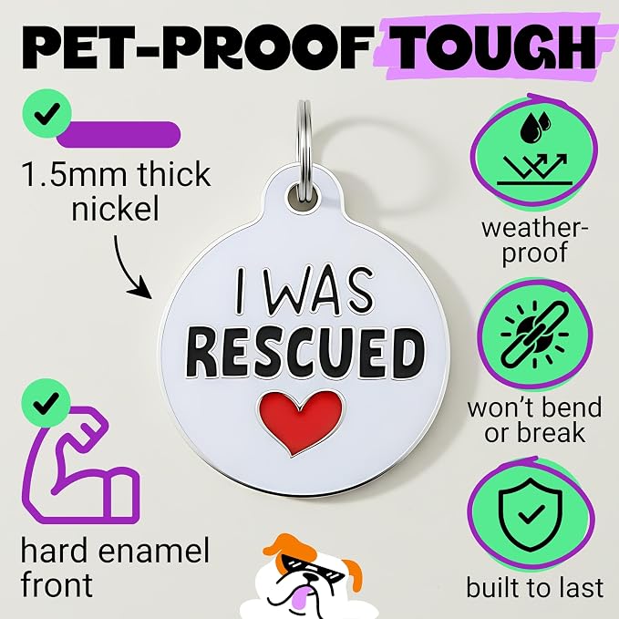 Bad Tags Personalized Dog and Cat ID Tags in 25+ Designs and 2 Sizes - 5 Lines of Custom Engraved Text - Funny Cute Personalized Pet Tags (I was Rescued, Small (1 inch))