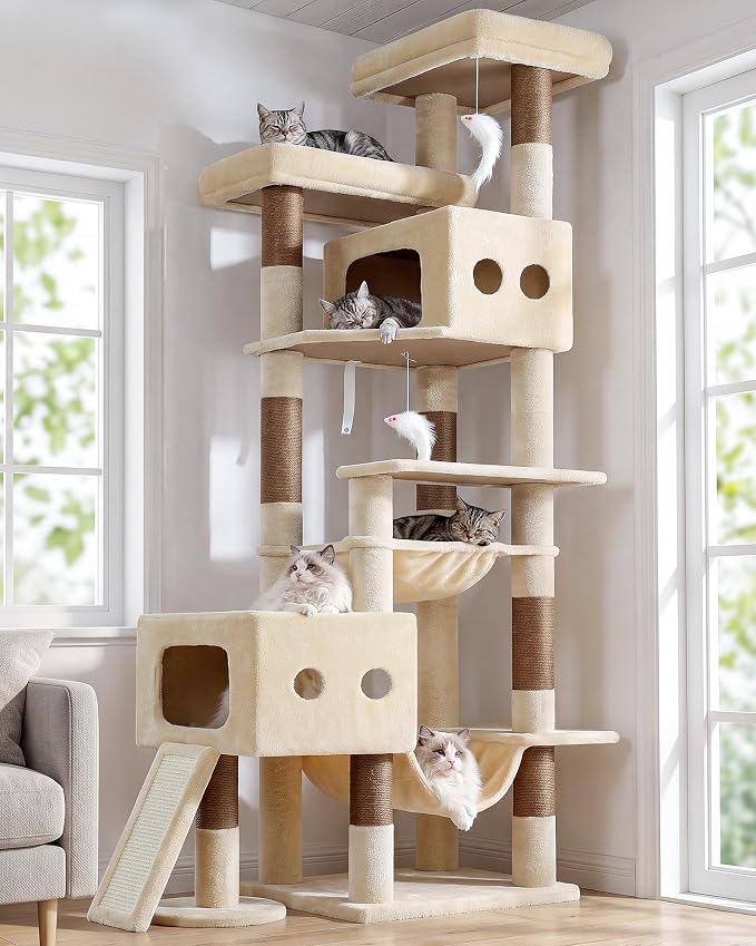 Globlazer 83inch Sturdy Multi-Level Tall Cat Tower, S83G, Beige | Extra Large Heavy Duty Cat Tree for Indoor Large Adult Cats Kittens with 2 Cat Condo, 8 Scratching Post, 2 Hammock