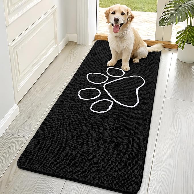 OLANLY Dog Door Mat for Muddy Paws 70x35, Paw Print Design Chenille Mud Mat | Black, Absorbent, Traps Moisture and Dirt, Non-Slip Washable Doormat, Quick-Drying Indoor Entryway Floor Carpet for Dogs