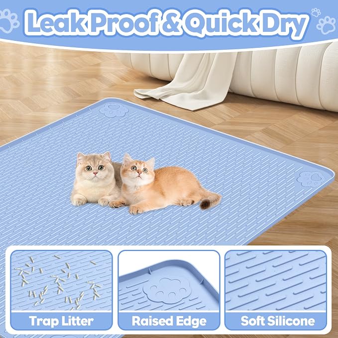 Silicone Cat Litter Mat for Litter Box 40”x28” Large Cat Mat, Blue | Waterproof, Non-Slip, Leak-Proof Rug Mat with Lip, Easy to Clean, Extra Large Litter Catcher Mat for Floor