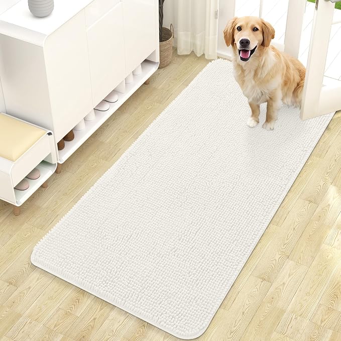OLANLY Dog Door Mat for Muddy Paws 47x24, Super Absorbent Chenille Mud Mat | Ivory, Absorbs Moisture and Dirt, Non-Slip Machine Washable Doormat, Quick-Drying Indoor Entryway Floor Carpet for Dogs