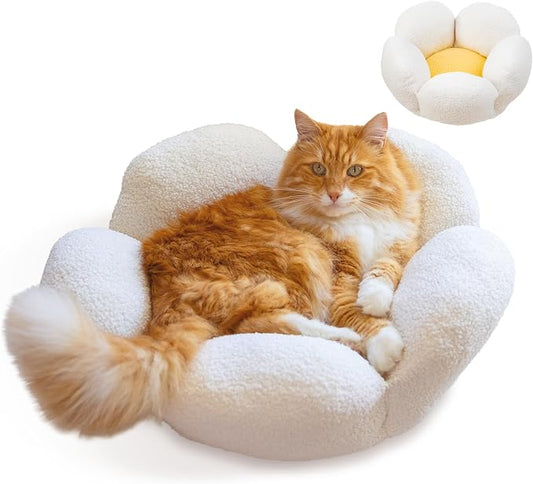Catstages Purrfect Petals Flower Cat Bed with Plush Support and Raised Sides, White, 21 in - Secure, Soft, Comfortable Bed for Cats and Kittens