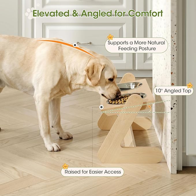 Solid Birch Wood Elevated Dog Bowl Stand for Large & Medium Dogs | Raised Dog Bowl Stand, 3 Heights, 10° Angled Top, Water-Resistant Finish, 2 Stainless Bowls, 8" Openings