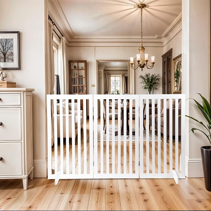Dog Gate 60 x 36 Inch Freestanding Indoor Pet Door for House Doorways Stairs Halls, Foldable Wood Safety Fence 3 Panels, White