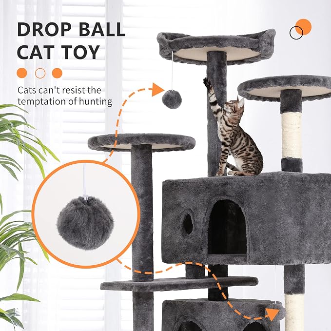 BestPet | 54" Cat Tree Tower | Light Gray | Sturdy Multi-Level Cat Tree | with Plush Condo, Cozy Perch, Sisal Scratching Posts, Hanging Toy and Stable Frame | Easy Assembly | for Kittens & Adult Cats