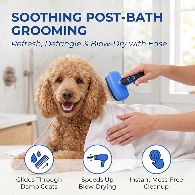 Self Cleaning Slicker Brush for Dog and Cat Shedding, Blue | Skin Friendly Deshedding Brush for Short or Long Haired Dogs & Cats, One-Click Retractable for Easy Cleaning Flying Hair