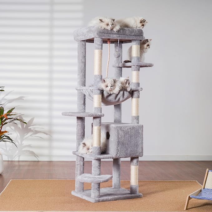 Heybly Cat Tree for Large Cats, 20lbs Heavy Duty, 60 inches HCT050W | Cat Tower for Indoor Cats with Big Padded Plush Perch, Multi-Level Furniture Condo with Cozy Basket, Light Gray