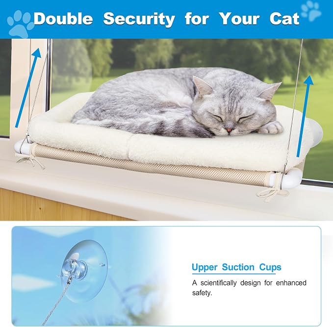 PEFUNY Fluffy Cat Window Bed for Indoor Cats – Strong Suction Cup Hammock with Breathable Mesh and Soft Cushion, Supports Large Cats