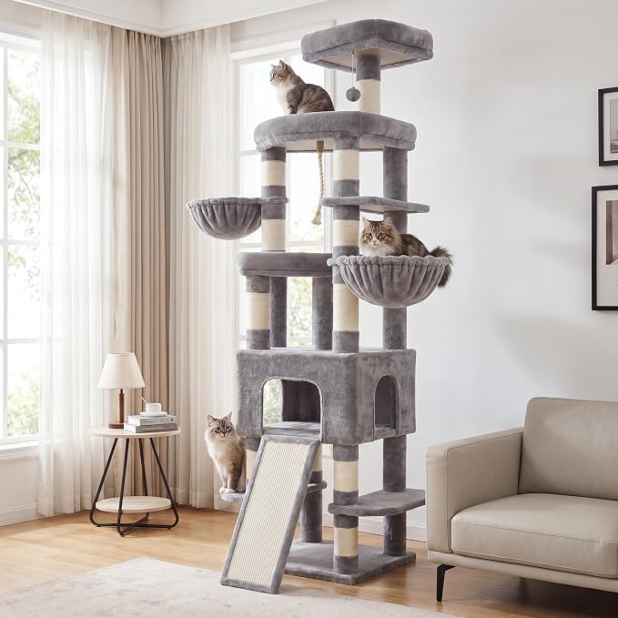Heybly Cat Tree, 82.7″ Extra Tall Cat Tower for Large Cats Adult HCT063W | Giant Cat Condo with Multi-Level Platforms, 2 Baskets, Spacious Cat Cave, Wide Sisal Scratching Board, Light Gray