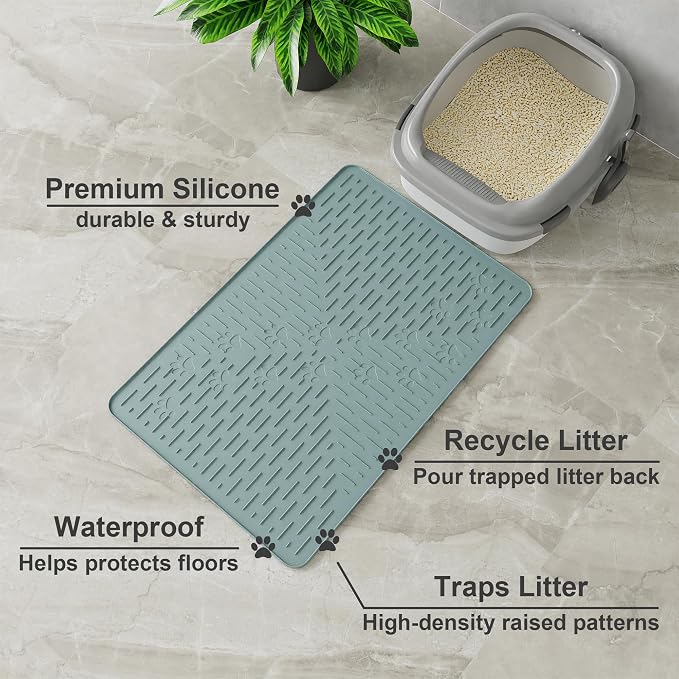 OHMO Cat Litter Mat, 23.5x16 Silicone Trapping Mat Light Blue | for Kitty Litter Box, Easy Clean, BPA Free Rubber, Center Litter Collection, Easy Pour-Back, Waterproof, Odor-Resistant