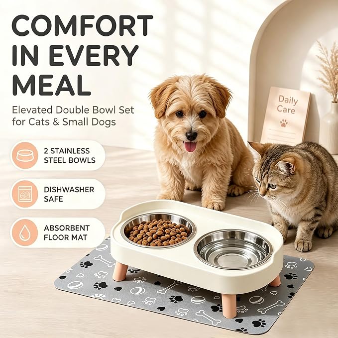 Elevated Dog Bowls with Mat, 2 Stainless Steel for Small Dogs Under 25 Lb | Raised Bowl Stand, Food & Water Set for Cats & Puppies, Splash Proof, Dishwasher Safe, Stain-Resistant Quick-Dry Mat