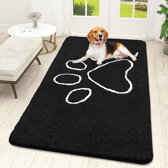 OLANLY Dog Door Mat for Muddy Paws 59x32, Paw Print Design Chenille Mud Mat | Black, Absorbent, Traps Moisture and Dirt, Non-Slip Washable Doormat, Quick-Drying Indoor Entryway Floor Carpet for Dogs