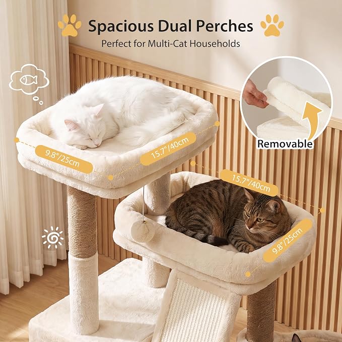 Heybly Compact Cat Tree with Big Scratcher, Stable Cat Tower HCT206SMJ | 27.2" Cat Furniture with 2 Top Perches, Floor Cat Condo, Cozy Hammock, Space-Saving Cat Activity Center, Beige