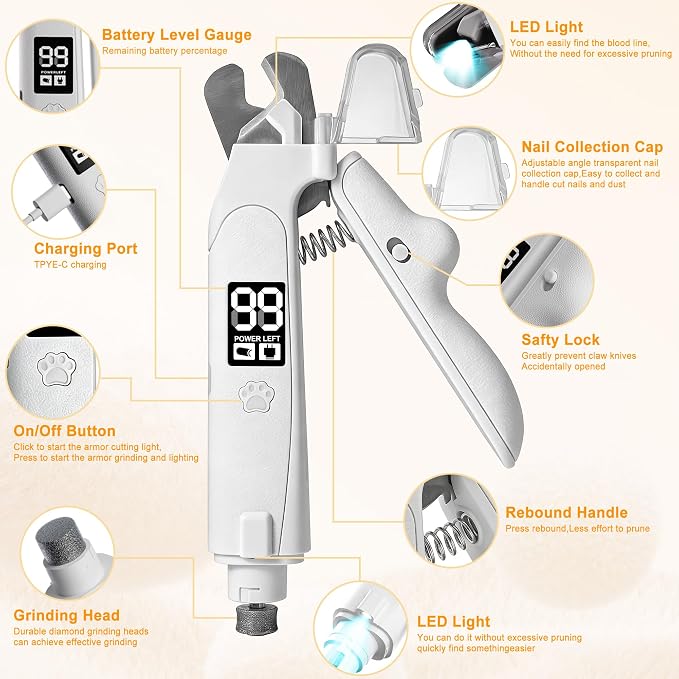Dog Nail Clippers & Grinder with LED Light | 2-in-1 Quiet Pet Nail Grinder & Trimmer, USB Rechargeable, Splash Guard, for Small to Large Dogs & Cats