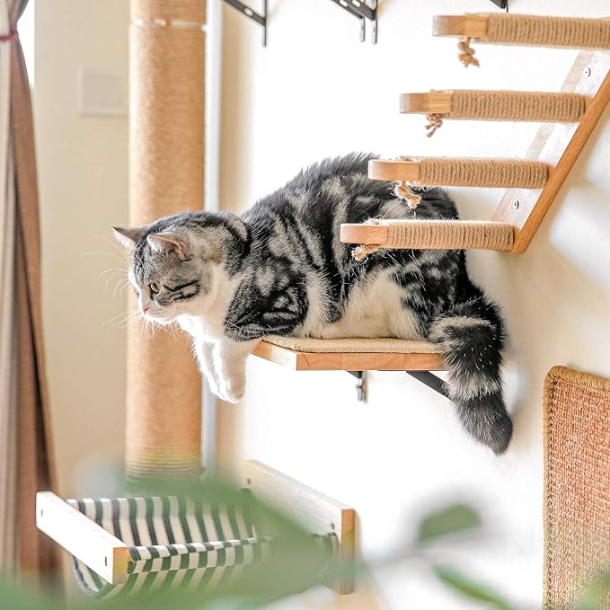 FUKUMARU Cat Wall Shelves, 17 x 10 Inch Cat Walls Furniture with Sisal Mat, Solid Rubber Wood Floating Shelf with Upgraded Installation, Kitten Wall Tree for Sleeping, Playing and Scratching