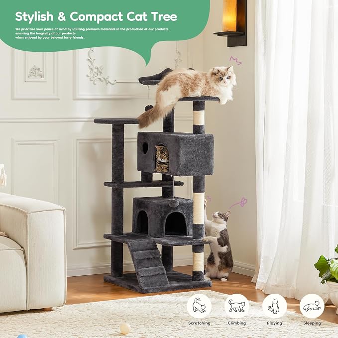 DUMOS 54 Inch Cat Tree Tower with Scratching Posts | Indoor Multi-Level Pet House for Large Cats with 2 Condos, Round Platform, Small Ladder and Toys, Dark Grey