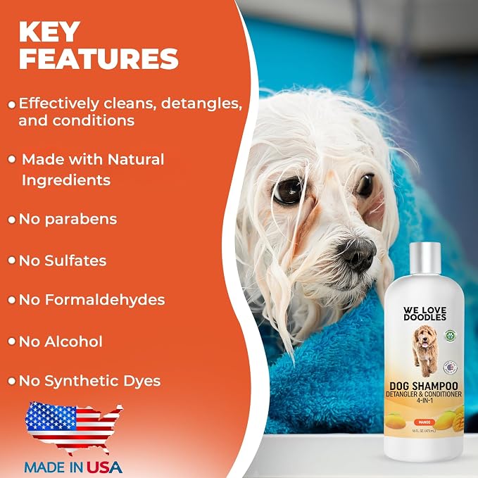 Dog Shampoo, Conditioner & Detangler, Hypoallergenic, Tearless, Mango, 16OZ | For Sensitive Itchy Skin, Hypoallergenic, Tearless, Best Shampoo For Smelly Dogs, Goldendoodle, Poodle & Doodle, Made in USA