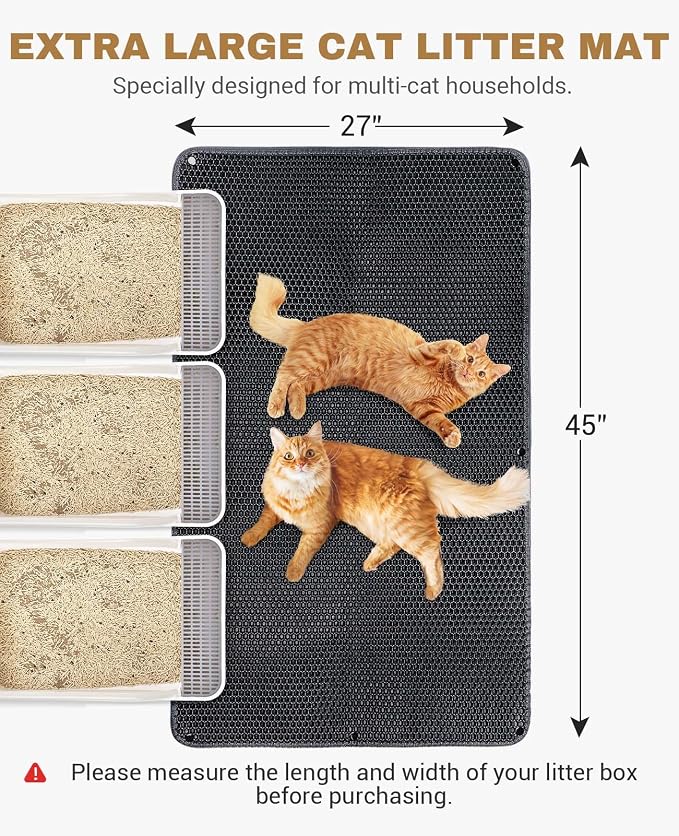Fostanfly Cat Litter Mat, Machine Washable, Extra Large XL 45"x27", Black | Kitty Litter Trapping Mat, Urine & Waterproof, Double Layer Design, Honeycomb Scatter Control- Easy Clean for Floor