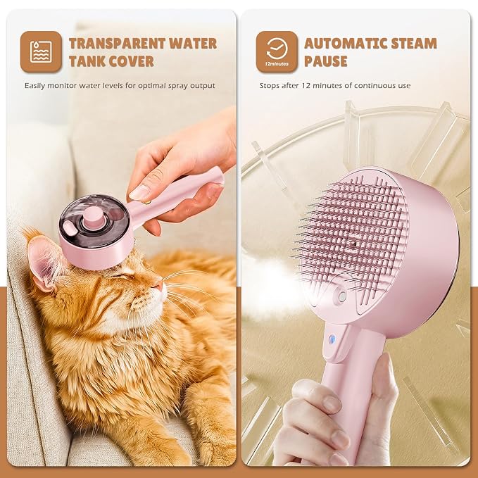 Cat Steam Brush for Indoor Cats, Spray Cat Deshedding Brush for Grooming | Self Cleaning Steam Pet Brushes with Spray, Helps Remove Loose Hair & Undercoat, Grooming Tool for Long & Short Hair Cats