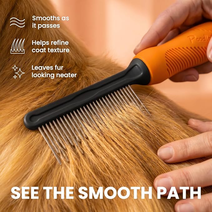 Poodle Grooming Comb - Metal Dematting Comb with Long & Short Stainless Steel Teeth for Removing Matted Hair & Knots, Safe and Gentle for Dogs & Cats (Orange)