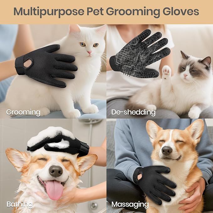 Pet Hair Removal Glove with 255 Silicone Tips for Dogs & Cats, Right Black | 2-in-1 Deshedding & Massage Mitt, 5-Finger Flexible Design, for Bathing & Grooming, Safe for Long/Short/Curly Hair Pets