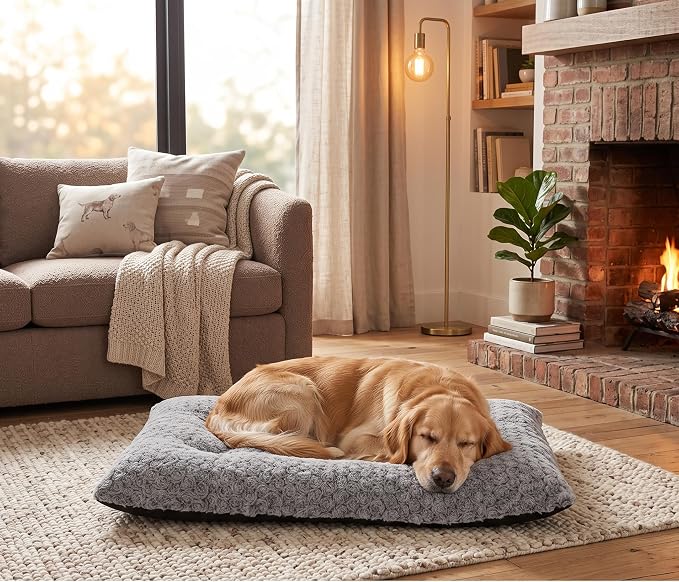 Lafyette. - US Based, Washable Faux Fur Dog Bed, Deluxe Plush Dog Crate Bed, Comfy Kennel Pad, Anti-Slip Pet Sleeping Mat, Soft Cozy Mattress for Large, Medium, Small Size Breed Dogs, 35" x 23", Grey