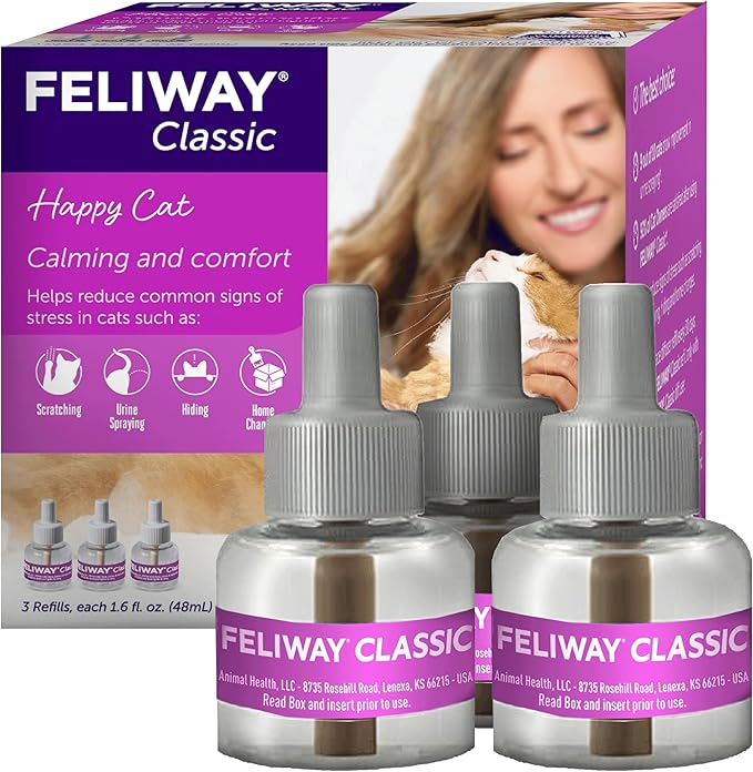 FELIWAY Classic Cat Calming Pheromone Diffuser Refill - 3 Pack | Reduces Cat Stress‑Related Behaviors Like Spraying, Scratching, Hiding, 90 Day Supply