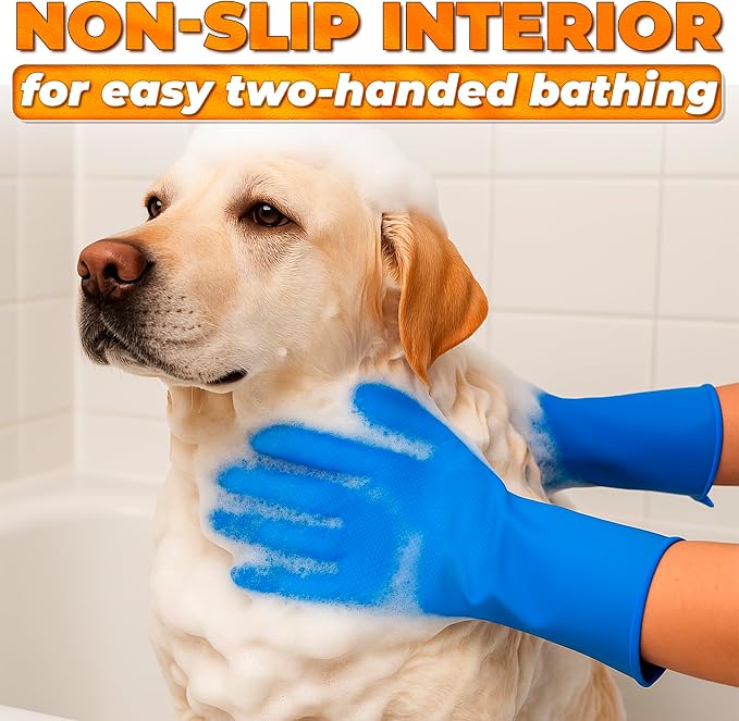 2-in-1 Cat and Dog Shampoo Gloves with 3000 Soft Silicone Bristles (Blue) | 11.6" Dog Bath Gloves for Massage, Grooming & Clean Wet or Dry; Saves Shampoo; for Every Breed and Coat Style; Universal Size