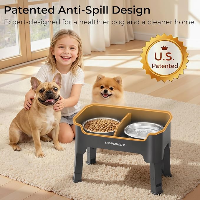 URPOWER Mess Proof Elevated Dog Bowls 4 Height Adjustable Raised Bowl Stand with 2 Stainless Steel Dog Bowls Non-Slip Food and Water Bowl Set for Small Dogs, Grey