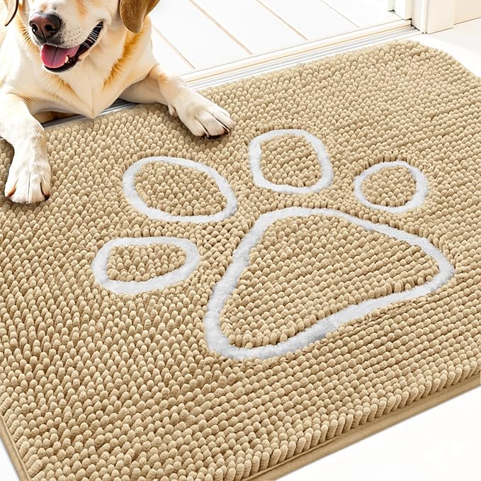 OLANLY Dog Door Mat for Muddy Paws 34x21, Paw Print Design Chenille Mud Mat | Beige, Absorbent, Traps Moisture and Dirt, Non-Slip Washable Doormat, Quick-Drying Indoor Entryway Floor Carpet for Dogs