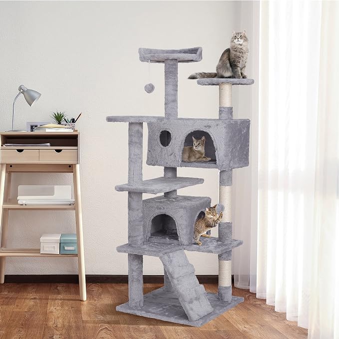 ZENY 54 inches Cat Tree with Sisal-Covered Scratching Posts and 2 Plush Rooms Cat Furniture for Kittens (Light Gray)