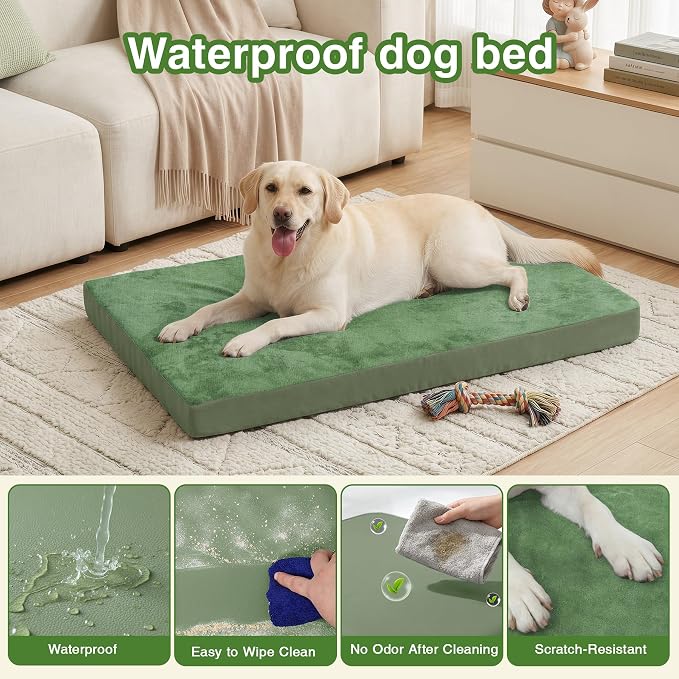 Outdoor Waterproof Dog Beds Large Sized Dog Washable, XL Leather Crate Pad 42 inch, Extra Large Orthopedic Foam Pet Bed with Removable Cover Reversible, Anti-Slip Kennel Pad, 41"x27", Green