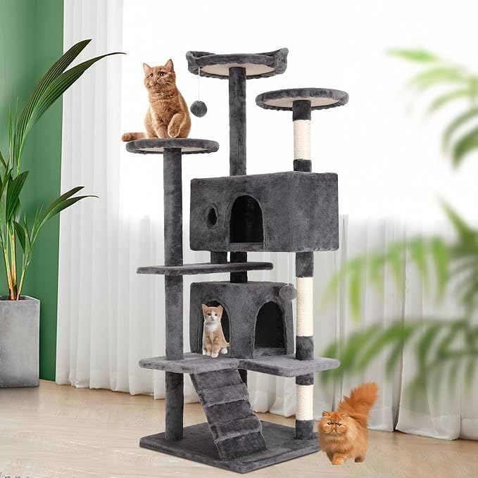 BestPet | 54" Cat Tree Tower | Light Gray | Sturdy Multi-Level Cat Tree | with Plush Condo, Cozy Perch, Sisal Scratching Posts, Hanging Toy and Stable Frame | Easy Assembly | for Kittens & Adult Cats