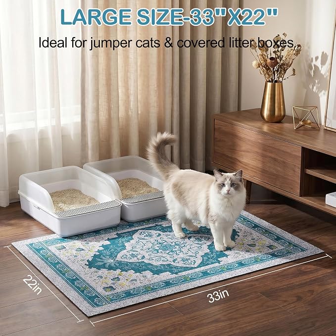 Glittme Cat Litter Mat with Non-Slip Bottom Litter Box Mat 33"X22" Litter Trapping Mat Easy to Clean Washable Cat Food Mat for Kitty,L