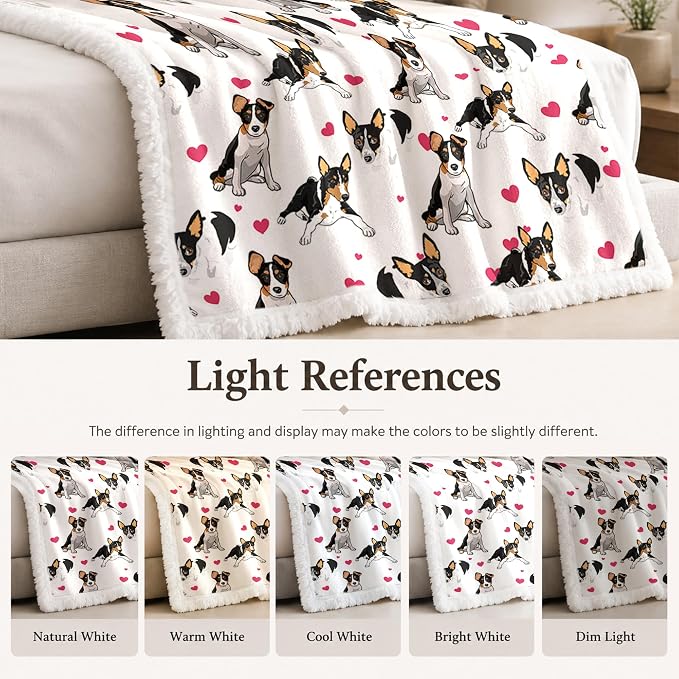 BlessLiving Rat Terrier White Throw Blanket with Dense Black Dog Patterns Sherpa Fleece Blanket Couch Bed, Soft Cozy Warm Pet Blankets for Puppy Lovers Pink Heart Cute Animal Print Gift 60x80 Inches