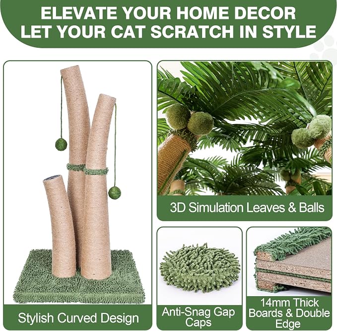 40'' Tall Cat Scratching Post Cat Tree, 3 Curved Design Palm Tree Cat Scratching Post with 8 Interactive Balls, Natural Sisal Rope Cat Scratchers for Indoor Cats, Multi-Combinable (Style D)